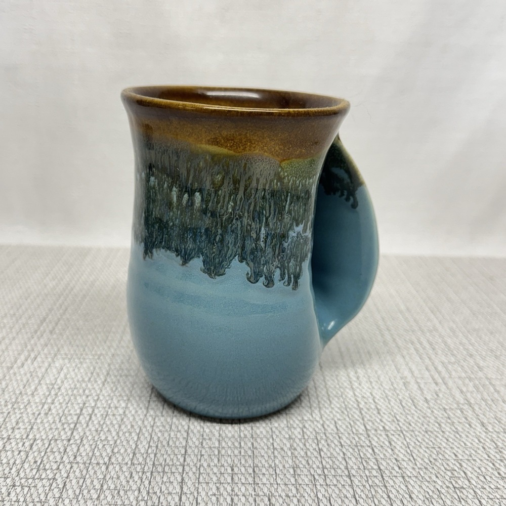 Neher Pottery Hand Warmer Mug Unisex Blue Brown Drip Glaze Studio Ceramic 2015
